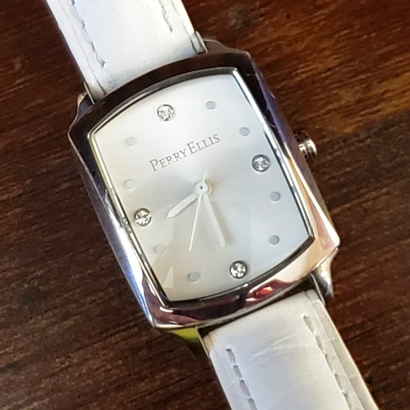 Perry Ellis White Leather Band Silver Rectangle Face Diamond Accent Wrist Watch main image 9